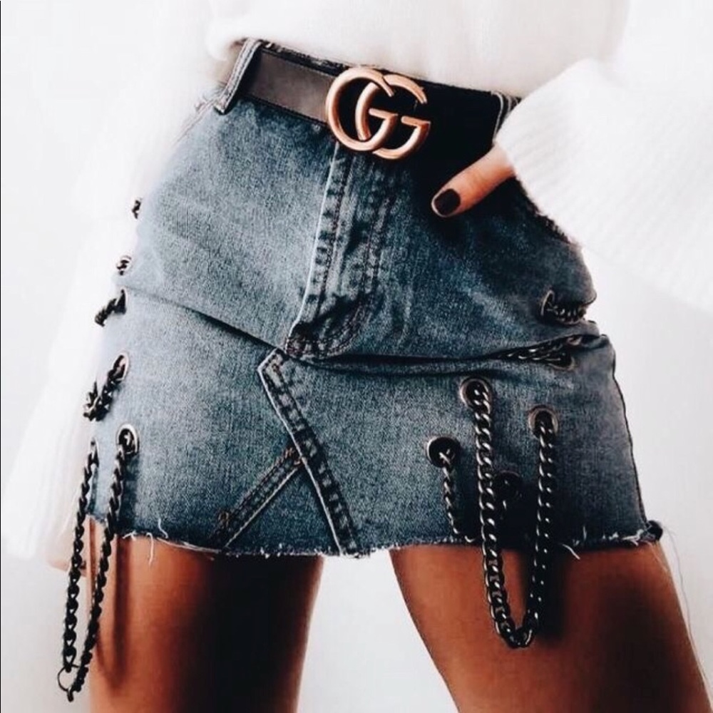 lace up chain denim skirt